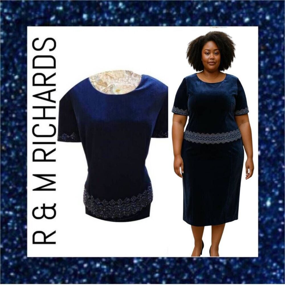 Formal Evening Dress Midnight Blue Velvet Beaded Long Maxi Dress R & M Richards